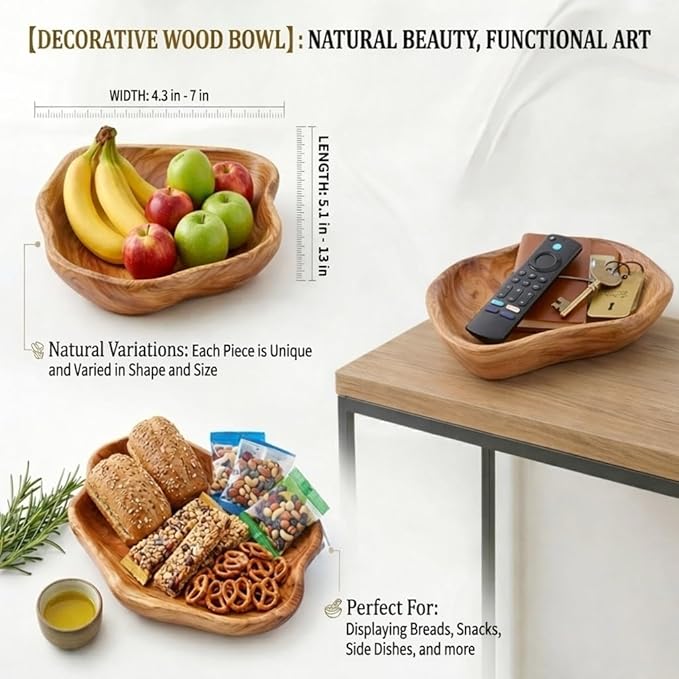 BTEOBFY Natural Wood Fruit Bowl 11-13 inch, Unique Handmade Wood Serving Platter, Wood Fruit Snack Dish for Sandwich Bread Serving, Appetizer Display, Vintage Ring Dish, Hand Carved Artworks