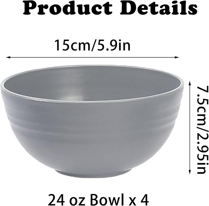Unbreakable Wheat Straw Cereal Bowls Set of 4, 24 OZ Microwave and Dishwasher Safe Lightweight Soup and Salad Bowl Sets, Reusable Dessert Bowls for Rice, Pasta, Snack, Fruit, BPA Free (Gray)