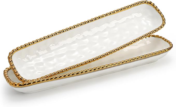 SOUJOY 2 Pack Porcelain Cracker Tray with Gold Pearl Edge, 14 Inch Rectangular Charcuterie Serving Platters, Dishwasher Safe Ceramic Cookie Plates for Cheese Ham Fruit, Perfect for Display Foods