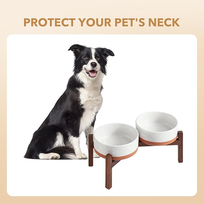 Havniva Ceramic 7.3inch Raised Double Dog Bowls Set with Acacia Wood Stand, Food & Water Bowls for Medium Breed Dogs, Weighted Pet Dishes(41oz, Vanilla White)
