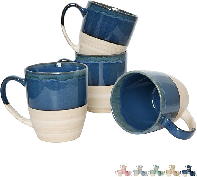 Bosmarlin Ceramic Coffee Mug Set of 4, 17 Oz, 5 Colors to Choose, Tea Cups, Dishwasher and Microwave Safe, Reactive Glaze (Deep Blue)