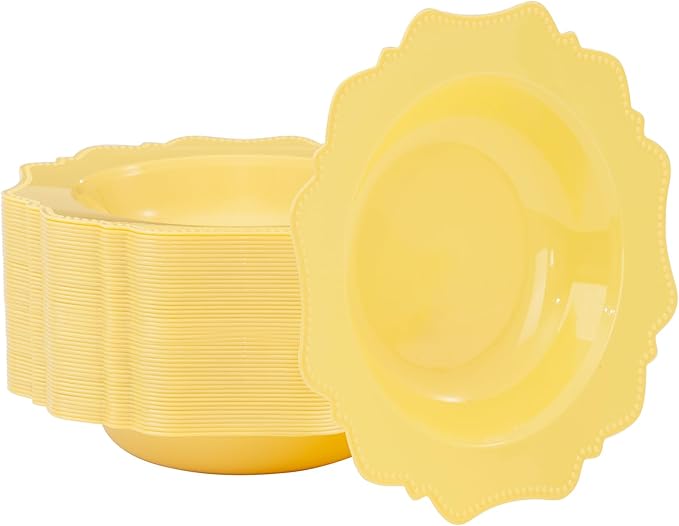 COLOSUS Yellow Plastic Party Bowls (60 Pack) 12 Oz Disposable Soup/Salad Bowl, Fancy Shatterproof Dinnerware for Catering, Holidays, Weddings, and Everyday Use