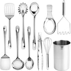 COOK WITH COLOR Kitchen Utensil Set - premium Nonstick & Heat Resistant Kitchen Gadgets, Turner, Spaghetti Server, Serving Spoons, Whisk, Tongs, Masher & Utensil Holder, 10-piece Stainless Steel