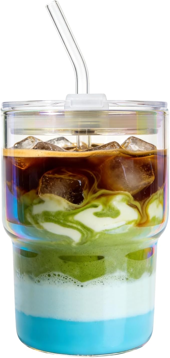 Luxfuel 16 oz Glass Tumbler with Lid & Straw, Reusable Iced Coffee Cup & Smoothie Cup, Leak-Proof Borosilicate Glass for Coffee, Iced Tea, Water – 1 Pack, Ideal for Office, Home & Travel, Iridescent