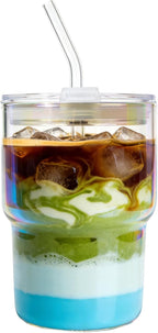 Luxfuel 16 oz Glass Tumbler with Lid & Straw, Reusable Iced Coffee Cup & Smoothie Cup, Leak-Proof Borosilicate Glass for Coffee, Iced Tea, Water – 1 Pack, Ideal for Office, Home & Travel, Iridescent