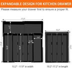 Large Kitchen Silverware Organizer - Expandable 17.2" x 17.9" Adjustable Drawer Tray, 4-7 Compartments for Maximum Storage, BPA-Free, Black,L