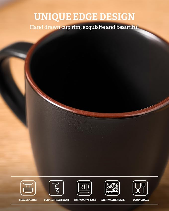 famiware Mercury Coffee Mugs 13 oz, Coffee Mugs Set of 6 with Handle, Cups for Latte, Hot Tea, Cappuccino, Mocha, Cocoa, Matte Black