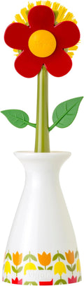 Vigar Flower Power Dish Brush with Vase Brush Holder, Dish Brush with Handle for Pot Scrubber, Dishes, Sink, and Kitchen Essentials, White, Red