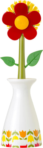 Vigar Flower Power Dish Brush with Vase Brush Holder, Dish Brush with Handle for Pot Scrubber, Dishes, Sink, and Kitchen Essentials, White, Red
