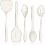 TeamFar Silicone Cooking Utensils Set, 5-Piece Heat Resistant Kitchen Utensils Set, Nonstick Slotted Solid Spoon Turner Pasta Server for Frying, Serving, Mixing, Non-Toxic & Dishwasher Safe, White