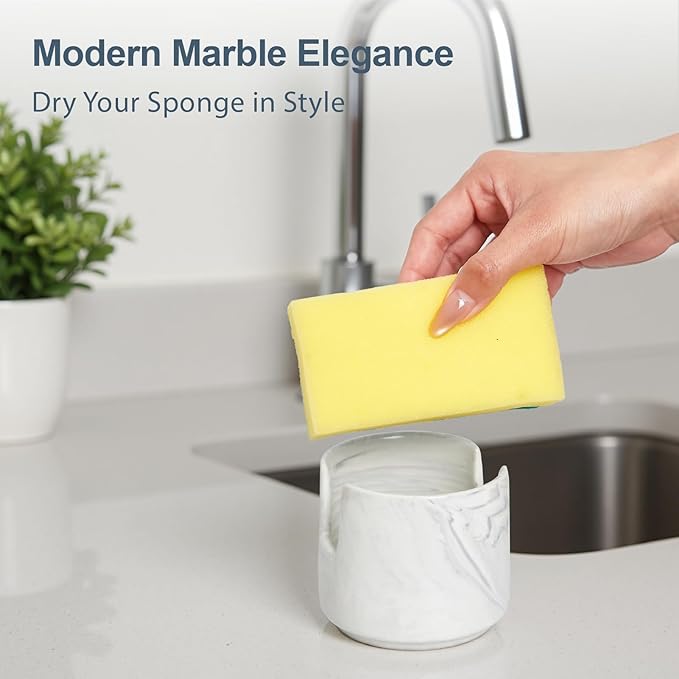 ONEMORE Ceramic Sponge Holder for Kitchen Sink, Dish Sponge Holder with Drain, Kitchen Sink Organizer for Sponge and Soap, Cute Ceramic Sink Holder, In Sink Sponge Storage for Kitchen Counter, Marble