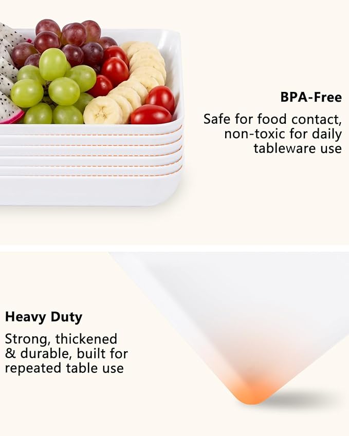 YOUBET 6 PCS Plastic Serving Trays - White Trays for Serving Food - Super Strong Disposable Platters, Heavy Duty Plastic Trays for BBQ, Picnic, Party, Wedding