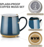 HVH Farmhouse Style Ceramic Mug Set of 4, 17oz with Lid, Large Handle, for Coffee, Tea & More (Blue)