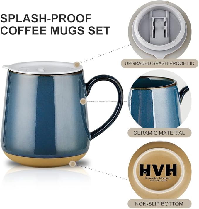 HVH Farmhouse Style Ceramic Mug Set of 4, 17oz with Lid, Large Handle, for Coffee, Tea & More (Blue)
