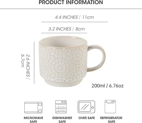 6 Oz Coffee Cups Set of 4, Stackable Coffee Mugs with Stand, Ceramic Cappuccino Cup, Embossed Espresso Cups for Latte, Tea, Cocoa, Mocha, Housewarming Present, Dishwasher Safe