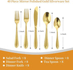 Gold Silverware Set, 40 Piece Flatware Cutlery Set for 8,18/0 Stainless Steel Utensils,Mirror Polished Modern Tableware for Home & Kitchen Dining Wedding, Party