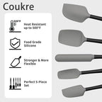 Coukre Silicone Spatula Set of 5,High Temperature Resistant, Food Grade Silicone, Dishwasher Safe, for Baking, Cooking (Gray Black)