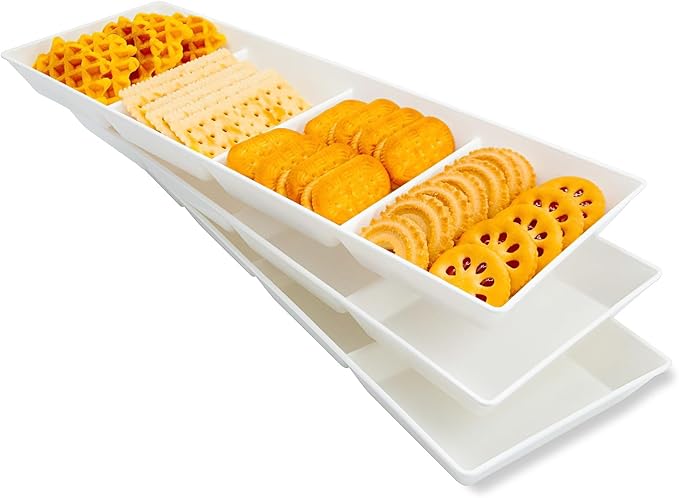 Divided Serving Tray Platter, 3 Pack 17.6" x 6" Fruit Veggie Food Tray for Party, Plastic Serving Trays for Appetizer, Snack, Dessert, Cookie, Brunch Decorations Platters, White Trays BPA-Free