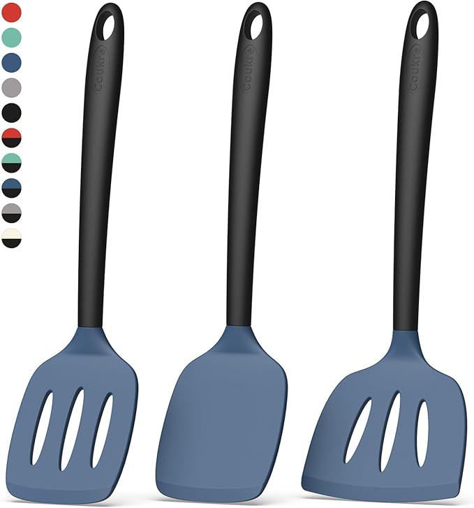 Coukre 3 Pack Silicone Spatula Set, High Heat Resistant, BPA-Free, Fish Spatula, Solid & Slotted Turner for Non-Stick Pans, Flipping Eggs, Pancakes, Fish, Burgers (3, DarkBlue)