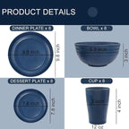 Supernal Wheat Straw Dinnerware Sets, Tableware Set for 8, Plates and Bowls Sets, Reusable Dinnerware Set, Dishwasher Safe, Blue Plastic Dinnerware Sets 16pcs Plates, 8pcs Bowls, 8pcs Cups