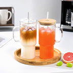 32oz Ribbed Glass Cup with Handle Lid and Straw，Borosilicate Glass Tumblers, Iced Coffee Cups Modern Glass Mug Hot/Cold Drinks for Smoothies, Tea, and Juice (32oz-2PACKwithBamboolid-new)