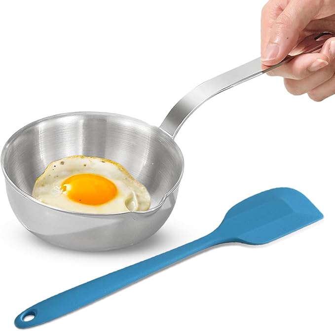 5.1-Inch Mini Egg Pan, Sauce Pan Mini Skillet, 304 Stainless Steel Omelet Pan for Egg Frying Pan, Butter Warmer Small Pot Cooking with 11" Scraper,Blue