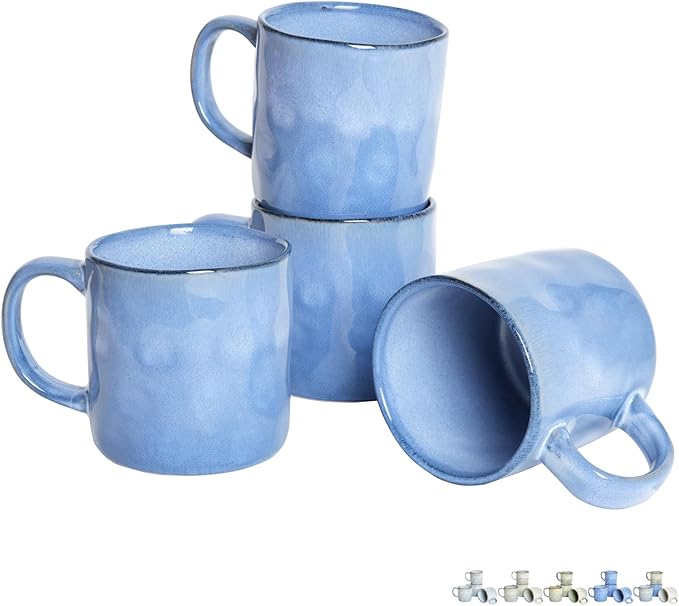 Bosmarlin Ceramic Coffee Mug Set of 4, 14 Oz, Coffee Cups with Big Handle, Microwave Safe, Unique Reactive Glaze (Blue, 14 Oz)