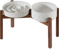 Havniva Ceramic 3.2 Cup Raised Slow Feeder Dog Bowl Set, Elevated 8.2inch Bowl and 9.5inch Dish with Acacia Wood Stand for Large Dog, Stop Bloat(2 x Reactived Glaze -White+ Stand)