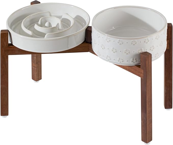 Havniva Ceramic 3.2 Cup Raised Slow Feeder Dog Bowl Set, Elevated 8.2inch Bowl and 9.5inch Dish with Acacia Wood Stand for Large Dog, Stop Bloat(2 x Reactived Glaze -White+ Stand)