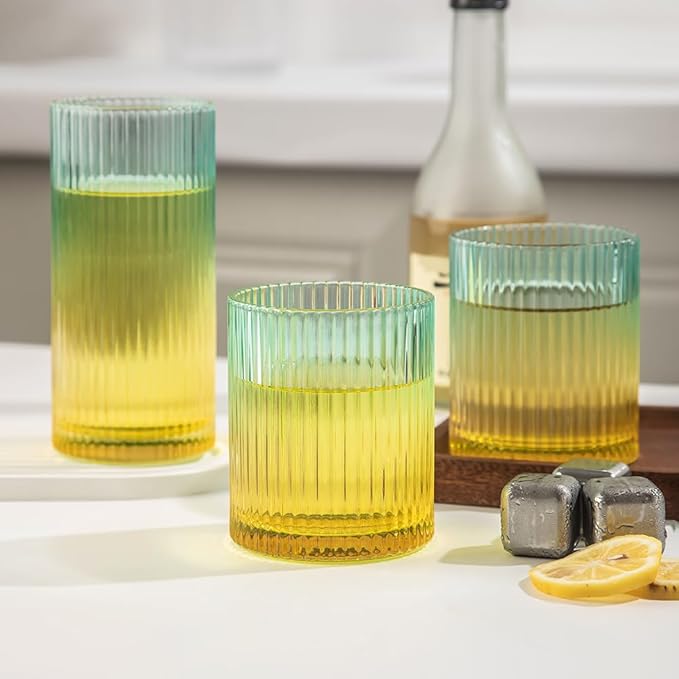 Ribbed Drinking Glasses 8pcs, 12oz and 10oz Glassware, Tumbler Glasses Cup Set for Wedding, Party, Christmas Gift, Golden Green