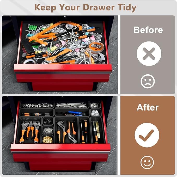 A-LUGEI【XX-Large Size】【5 Pcs】 Tool Box Organizer Tray Divider【Single Size】 Black Plastic Desk Drawer Organizer Garage Organization for Wrench Plier Hammer Bit Socket Extension Screwdriver Bolt Hex key