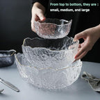 Glass Salad Bowl Irregular Lotus Flower Shape Serving Bowls, Mixing Nut Bowls for Kitchen Fruist, Snack, Dessert, and Ice Cream Candy Dishes (Crystal Clear with Gold Rim, Set of 3 (L,M,S))