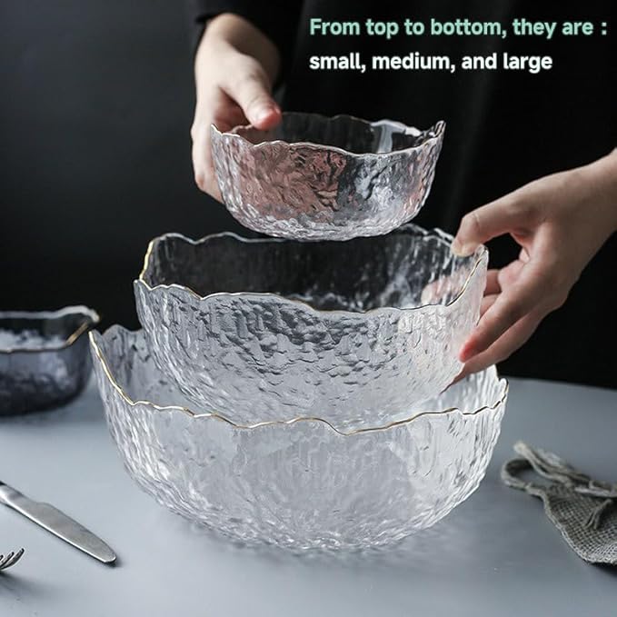 Glass Salad Bowl Irregular Lotus Flower Shape Serving Bowls, Mixing Nut Bowls for Kitchen Fruist, Snack, Dessert, and Ice Cream Candy Dishes (Crystal Clear with Gold Rim, Set of 3 (L,M,S))