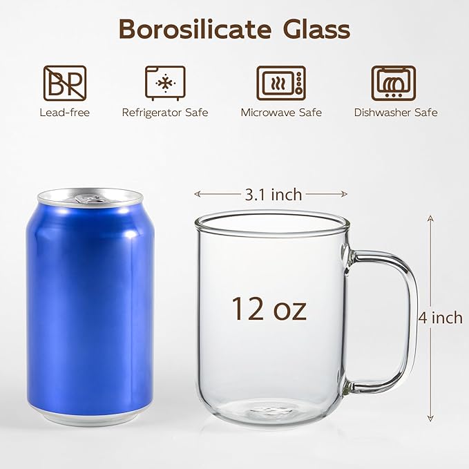 Glass Coffee Mugs, 12 oz iced coffee cups, Clear Tea Cups Set of 2, Glass Mugs with Handles, Glass Cups for Latte, Cappuccino, and Tea