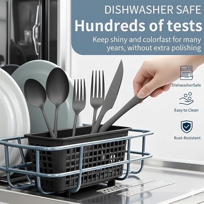 GPY Black Silverware Set, 24-Piece Stainless Steel Flatware Set Service for 4, Titanium Plated Black Eating Utensils, Modern Mirror Finish Cutlery for Kitchen & Home