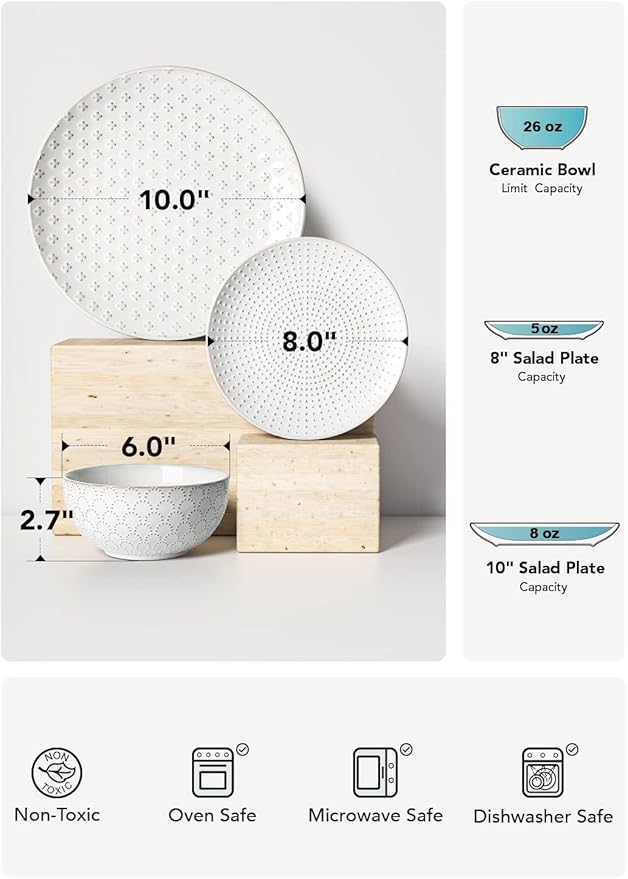 LE TAUCI Plates and Bowls Sets for 4, 12 Piece Ceramic Dinnerware Sets, Modern Stoneware Kitchen Dish Set, Chip Resistant, Microwave & Dishwasher Safe, Embossed, Arctic White
