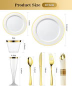 Goodluck 320PCS Gold Disposable Plastic Dinnerware Set for 40 Guests, Include 40 Dinner Plates, 40 Dessert Plates, 40 Napkins with Silverware, 40 Cups, 40 Champagne Glasses, for Christmas, Wedding