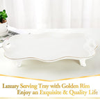 DUJUST Porcelain Serving Tray with Handles, Luxury British Style Coffee Table Tray with Golden Rim, Beautiful Tea Tray Decor for Living Room, Easy to Use & Clean