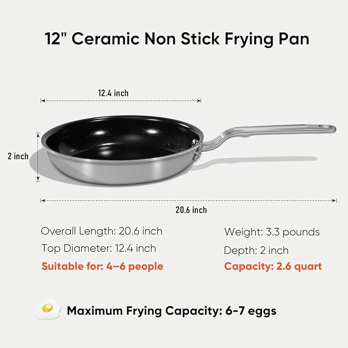 5 Ply Ceramic Non Stick Frying Pans - 12 Inch Stainless Clad Nonstick Skillet, Non-Toxic PTFE PFOA & PFAS Free, Induction Ready Oven Safe up to 650°F, Professional Even Heating Cookware