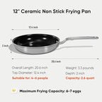5 Ply Ceramic Non Stick Frying Pans - 12 Inch Stainless Clad Nonstick Skillet, Non-Toxic PTFE PFOA & PFAS Free, Induction Ready Oven Safe up to 650°F, Professional Even Heating Cookware