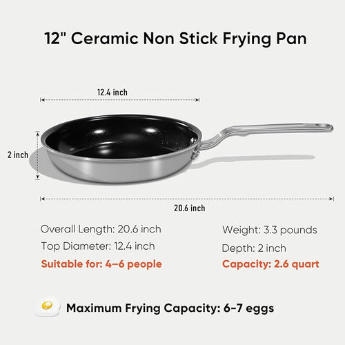 5 Ply Ceramic Non Stick Frying Pans - 12 Inch Stainless Clad Nonstick Skillet, Non-Toxic PTFE PFOA & PFAS Free, Induction Ready Oven Safe up to 650°F, Professional Even Heating Cookware