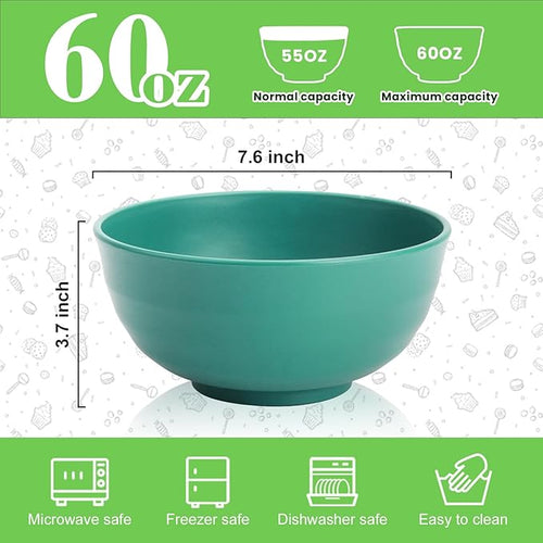 60 OZ Large Salad Bowls, Wheat Straw Camping Bowl Set of 6, Unbreakable Plastic Serving Bowls, Microwave & Dishwasher Safe Large Dinner Bowl for Kitchen & Outdoor, Green