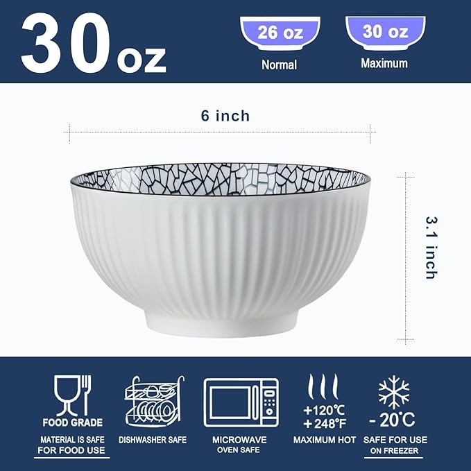 Houlu 6 in Small Japanese Bowls Set of 6, Versatile 30 oz Blue and White Porcelain Bowls for Soup, Cereal, Salad, Desserts, and Side Dishes - Leaf Pattern