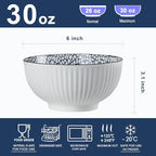 Houlu 6 in Small Japanese Bowls Set of 6, Versatile 30 oz Blue and White Porcelain Bowls for Soup, Cereal, Salad, Desserts, and Side Dishes - Leaf Pattern