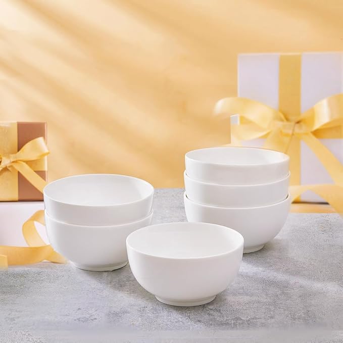 AntoKueh White Ceramic Bowls 6 in, 26Oz round Large Cereal Bowl set of 6, Deep Porcelain Bowls for Cereal, Salad, Noodles, Dishwasher/Microwave safe