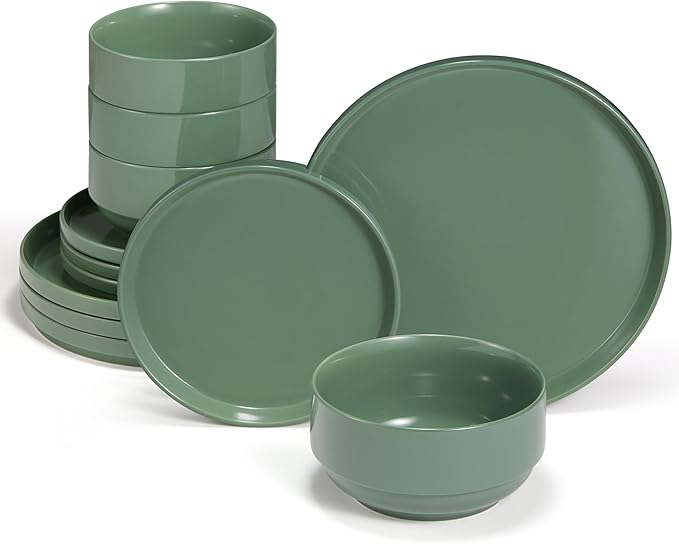 Vase and Vessel Ceramic Dinnerware Set, 12-Piece Service for 4, Round, Microwave and Dishwasher Safe, Cambridge Classics (Dusty Jade)