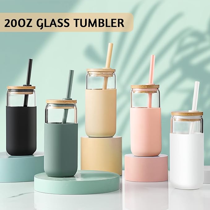20 OZ Glass Cups with Bamboo Lids and Straws - Beer Can Drinking Glasses with Silicone Protective Sleeve Set, Iced Coffee Glasses, Cute Tumbler Cup for Water, Tea, Gift - Cambridge Blue, Amber