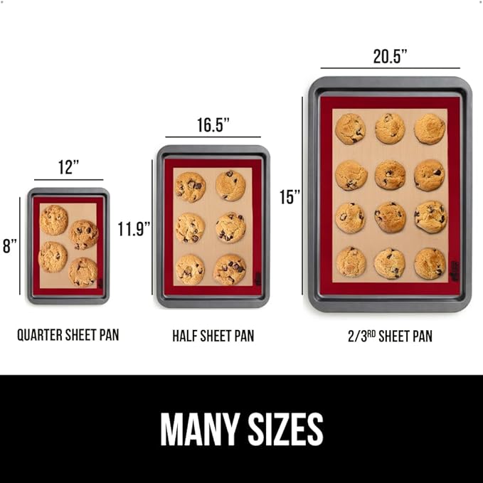 GORILLA GRIP Food Grade Reusable Nonstick Silicone Baking Mat, 16.5x11.87, Half Sheet 2PK, Oven Safe Cookie Sheet Liners, Up to 500 Degrees, No Mess Easy Clean Pastry Mats, Kitchen Essentials, Red