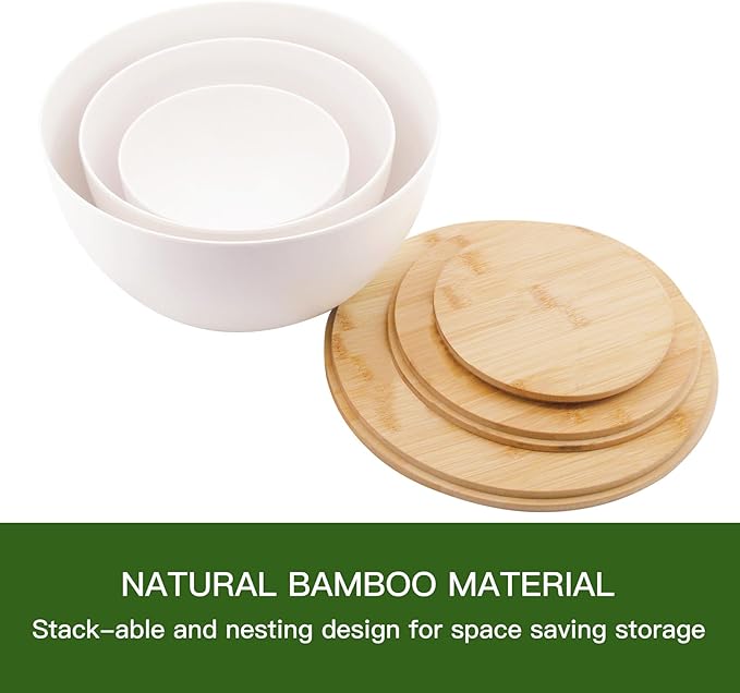 ECOWAY Salad Bowl Set of 3 with Bamboo Wooden Lids, Mixing Bowls Set, Nesting Bowls for Space Saving Storage, Made with Durable Eco-Friendly Bamboo Fiber, Great for Prepping and Serving Food, White