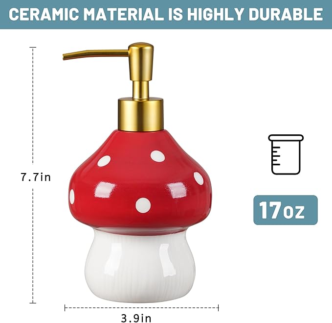 RQYIXI 17 Oz Mushroom Ceramic Soap Dispenser with ABS Pump,Refillable Liquid Bathroom soap Dispenser for Lotion,Body Wash,Cute Kitchen Soap Dispenser for Dish Soap,Hand Soap